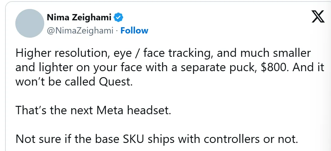 预计2026年推出，外媒爆料Meta新VR头显定价800美元！