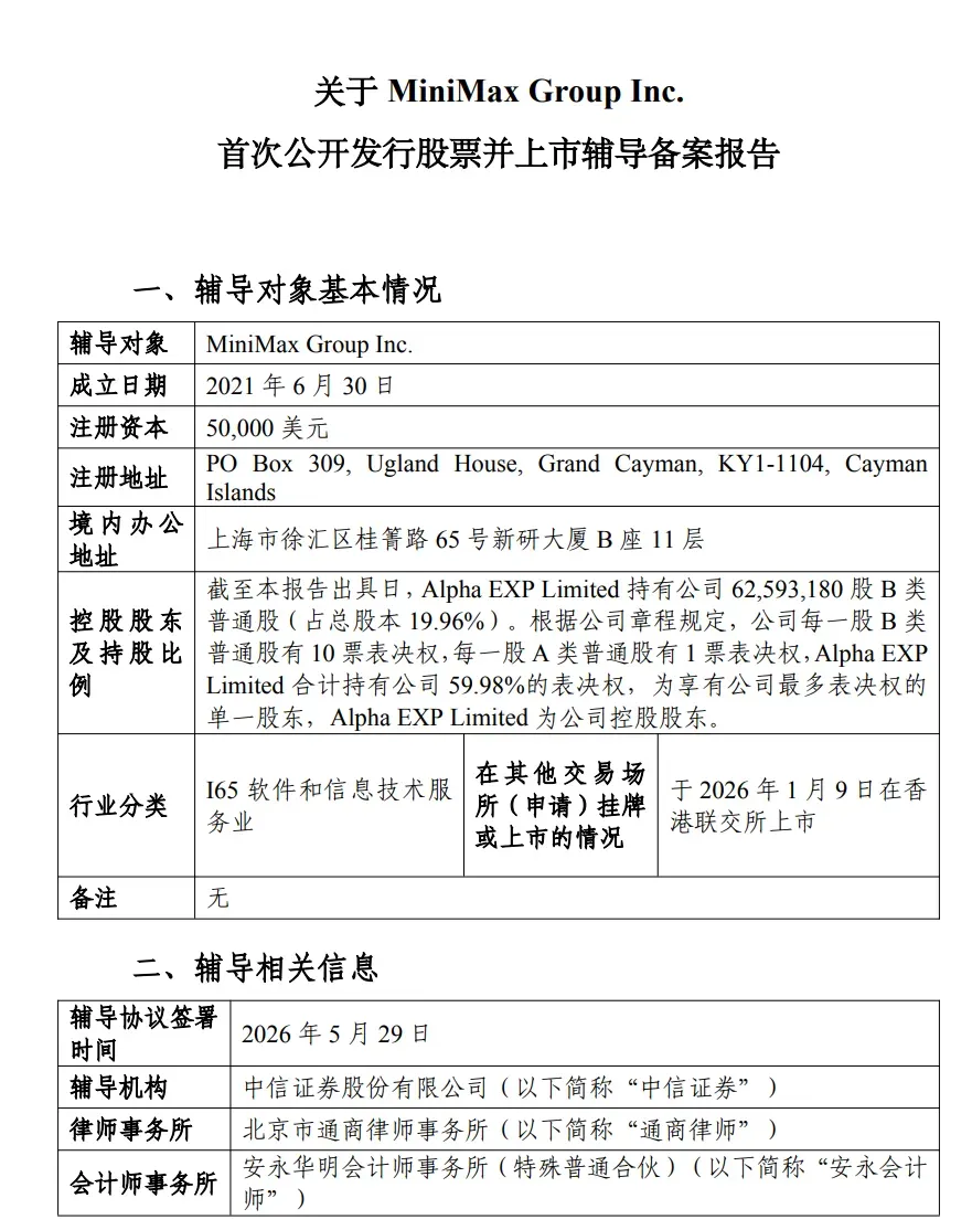 MiniMax正式启动A股IPO辅导进程