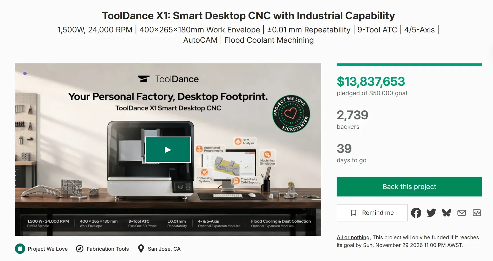 上线13小时，桌面CNC品牌「ToolDance」众筹破1000万美金
